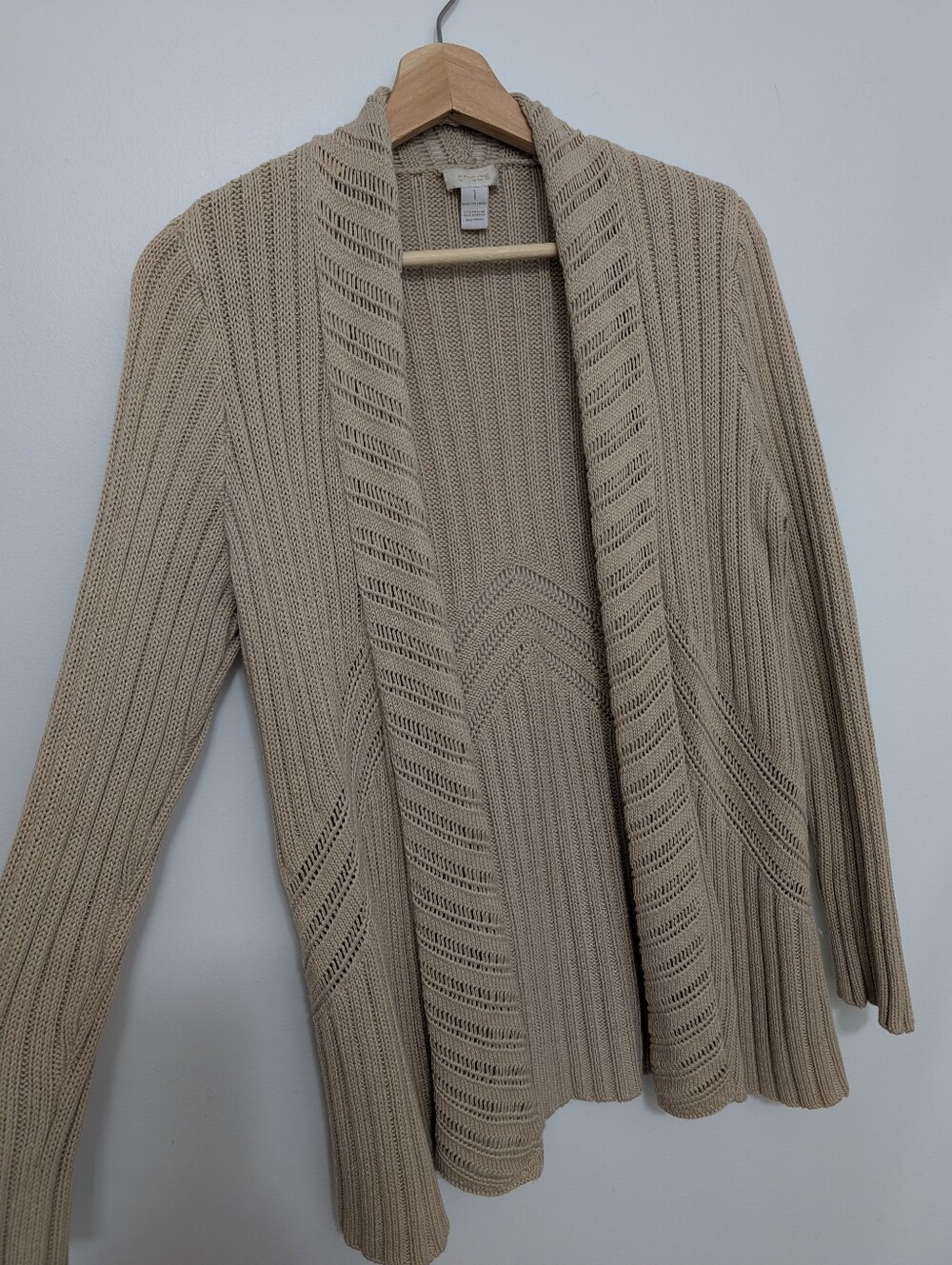 Chicos Small Knit Cardigan Tan Open Front Sweater Cottage Boho Casual Neutral